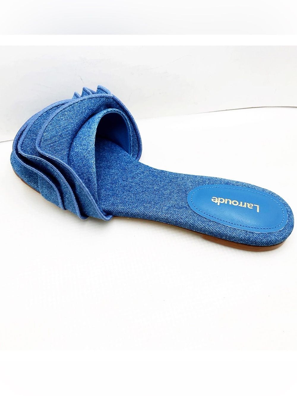 🆕{Larroude} Ivy Denim Ruffle Slide Sandals - Picture 6 of 15